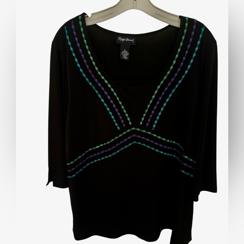 Maggie Barnes Black  V-Neck Top with Teal, Green & Purple Stitching